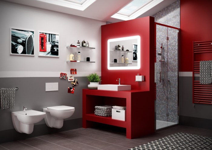 Red and gray bathroom decor